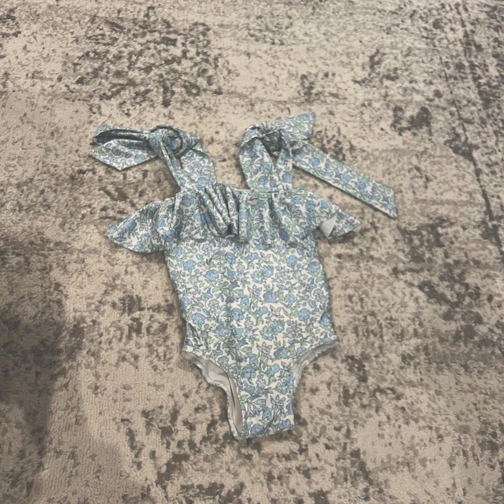 Cecil & Lou Toddler Blue And Green Floral Lycra Shoulder Tie Swimsuit